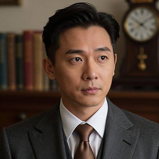 Photograph of an East Asian man with short black hair, wearing a dark gray suit, white shirt, and brown tie, in a book-filled,