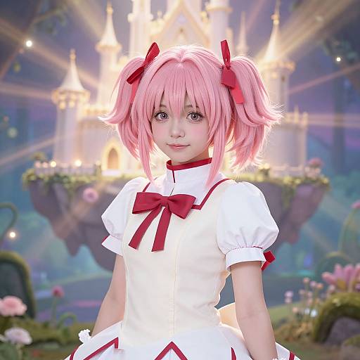 Digital anime-style portrait of a young girl with pink twin-tails, red bows, white dress with red accents, set against a glowing castle backdrop.