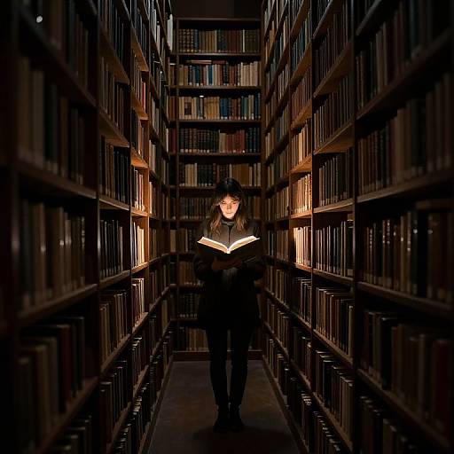 Photograph of a young woman with long brown hair, wearing black, standing in a dimly lit, narrow library aisle, reading a book under soft