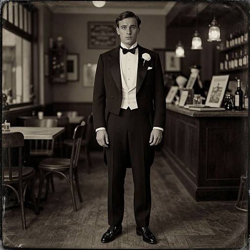 Black-and-white photograph of a young man in a classic tuxedo with a bow tie, standing in a dimly lit, vintage-style bar.