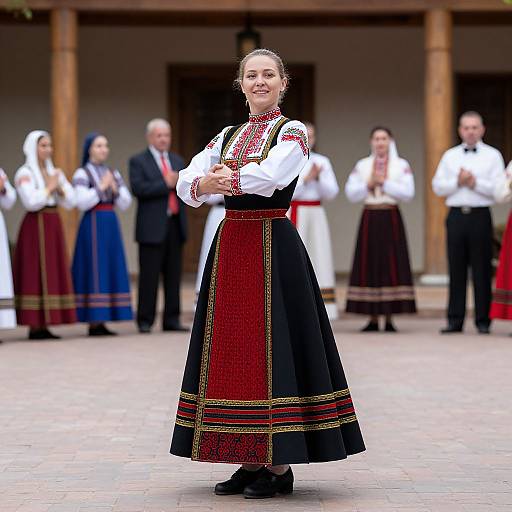 Photograph of a smiling woman in traditional Eastern European folk dress, standing in front of a wooden building with blurred performers in the background.