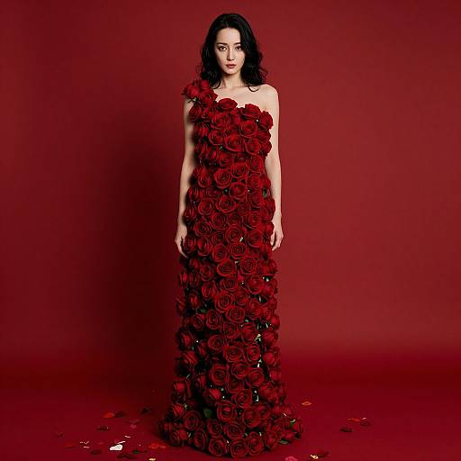 Photograph of a woman with dark, wavy hair in a floor-length red dress covered in artificial roses, standing against a solid red background.