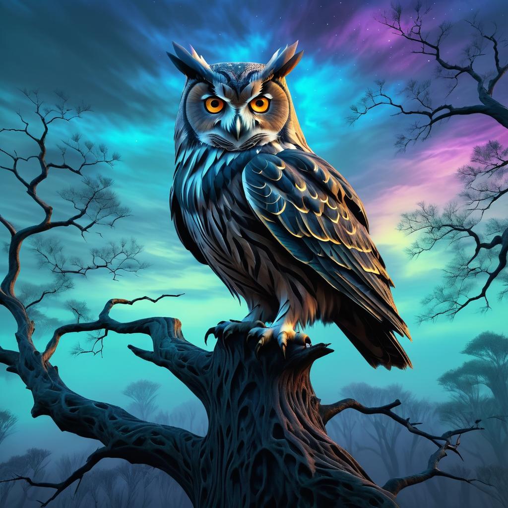 Gothic Owl in Atmospheric Tree Scene