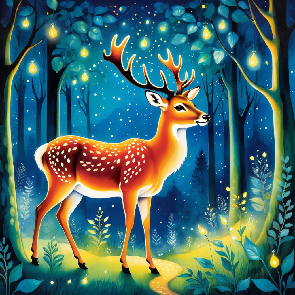 Chagall-Inspired Deer in Enchanted Forest