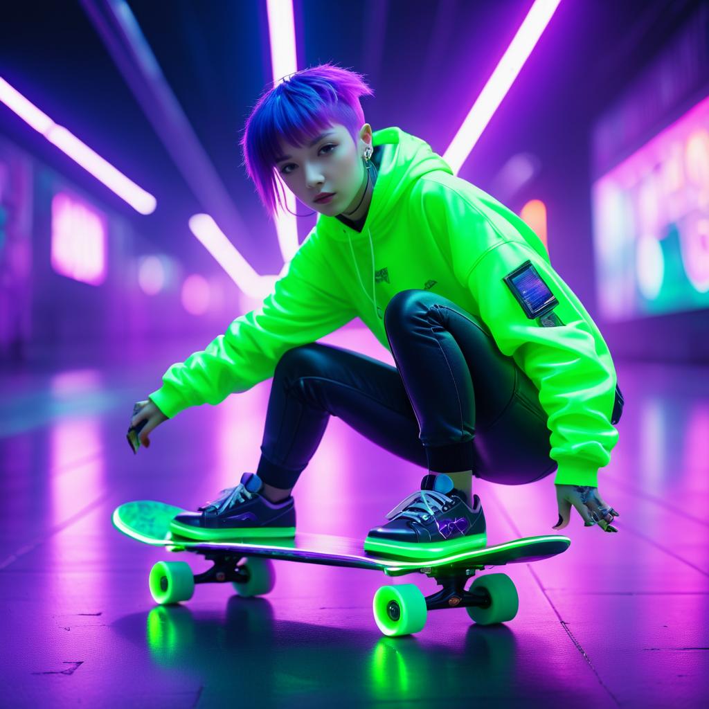 Cinematic Cyberpunk Hacker on Skateboard