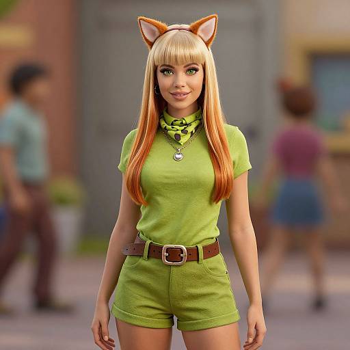 Digital CGI image of a blonde woman with fox ears, green shirt, and shorts, standing in a blurred urban background.