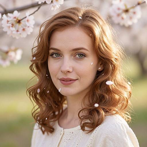 Photograph of a fair-skinned woman with wavy auburn hair, wearing a white lace blouse, standing outdoors with blooming cherry blossoms