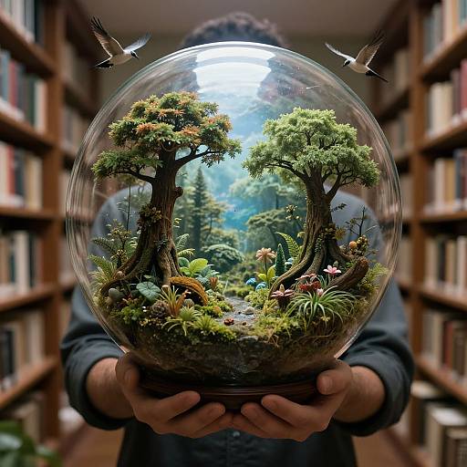 Photograph of a person holding a detailed, miniature forest in a glass sphere, with two birds flying above, set in a library.