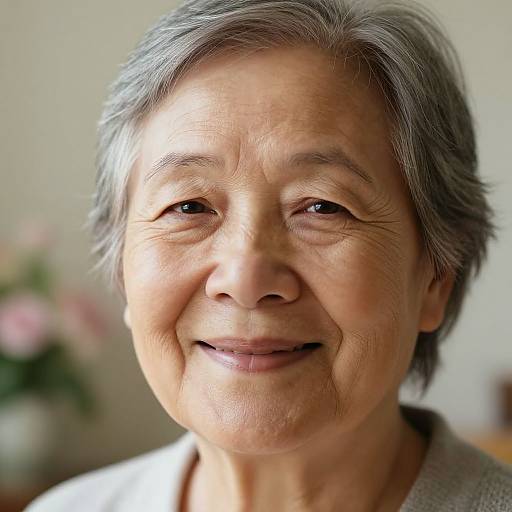 Close-up photograph of an elderly Asian woman with short gray hair, smiling softly, wearing a light-colored top, against a softly blurred background with pink flowers