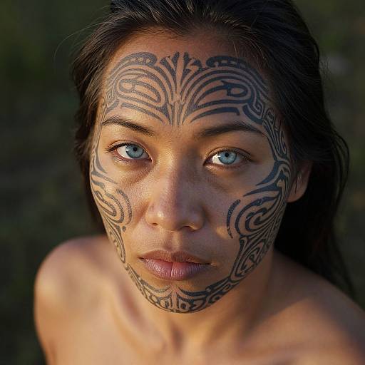 Photograph of a young woman with dark hair and blue eyes, wearing intricate black tribal face paint, looking directly at the camera against a dark, blurred