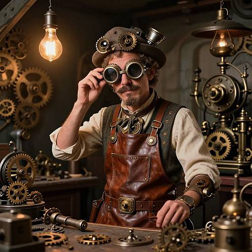 Steampunk inventor with goggles, brown leather apron, white shirt, and brass hat adjusts glasses in dimly lit workshop, surrounded by gears.