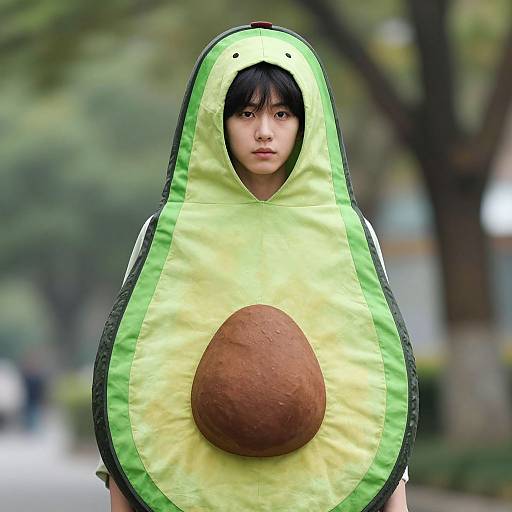 Photograph of an Asian woman with black hair in a green and yellow avocado onesie, standing outdoors, with a blurred park background.