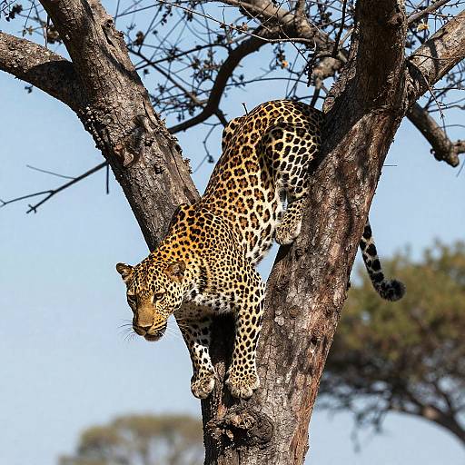 Leopard Clinging to Leafless Tree
