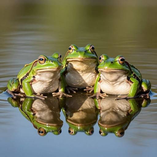 Photograph of three vibrant green frogs with reflective eyes, floating closely together in calm water, creating a mirrored image below.