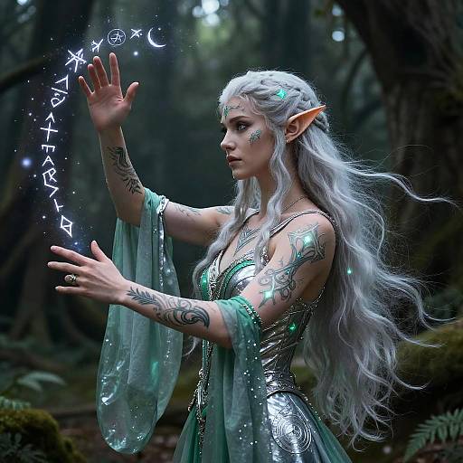 Digital fantasy artwork of a silver-haired, elven woman with pointed ears, glowing tattoos, and translucent green sleeves, casting magic in a dark, enchanted