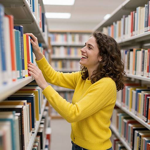 Photograph of a smiling, curly-haired woman in a bright yellow sweater, reaching for books on a library shelf.