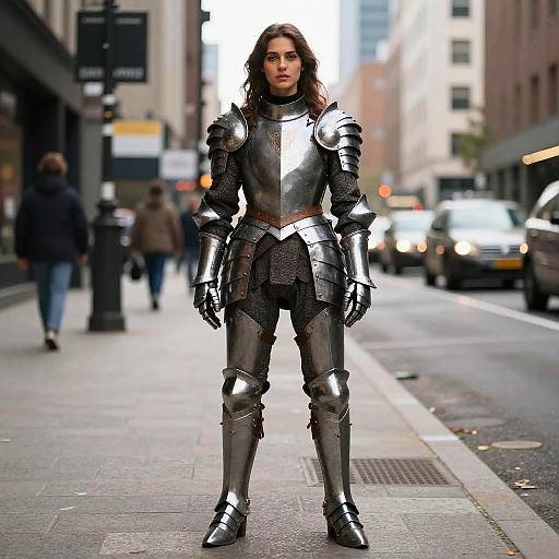 Woman in Medieval Armor on City Street