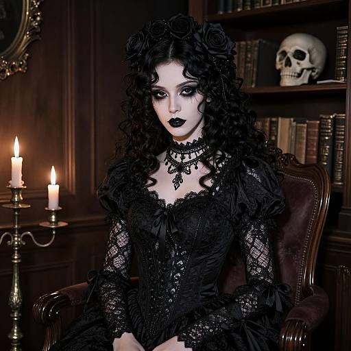 Gothic-style photograph of a pale woman with black curly hair, lace dress, black lipstick, candles, skull on bookshelf, dark wood library