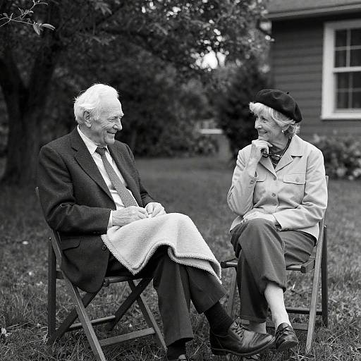 Elderly Couple in Backyard Conversation