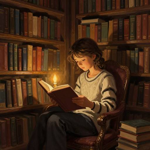 Photorealistic digital artwork of a young girl with wavy brown hair, wearing a gray sweater, reading a book illuminated by a candle in a dim