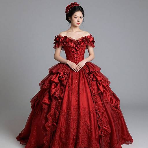 Photograph of an elegant Asian woman in a detailed, off-shoulder, red Victorian-style ball gown with lace and ruffles, against a plain