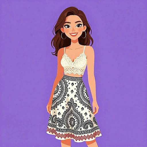 Smiling Woman in Paisley Skirt