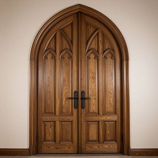 Photograph of a rich, dark wooden double door with gothic arch shape, featuring black metal handles, set in a plain cream wall.