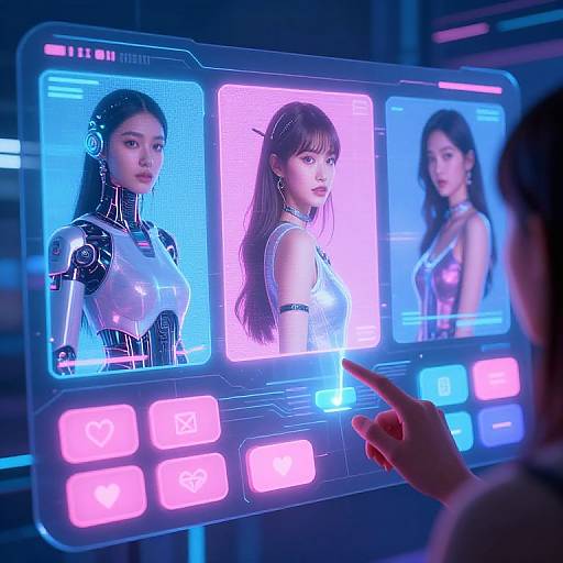 Photorealistic CGI: futuristic interface with three Asian women, one in cybernetic armor, two in neon-lit dresses, illuminated by blue and
