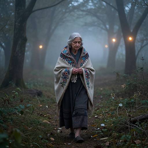 Photograph of an elderly woman with long white hair, wearing a colorful embroidered shawl, gray dress, and white headscarf, walking through a