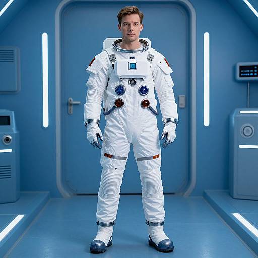 Photograph-style CGI of a young white man in a white astronaut suit with blue accents, standing in a blue-lit, futuristic room.