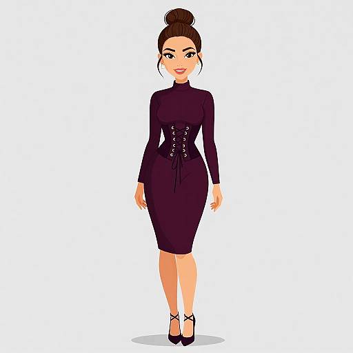 Digital illustration of a confident woman with fair skin, dark hair in a bun, wearing a black long-sleeve, high-waisted dress,