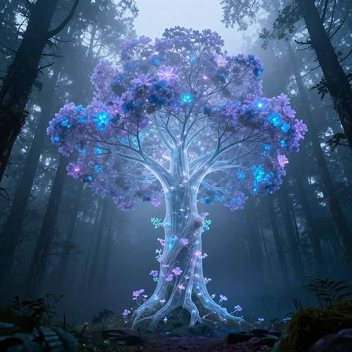 Digital fantasy artwork: luminous blue and purple glowing tree with bioluminescent flowers in a misty, dark forest. Ethereal, magical atmosphere