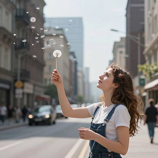 Photograph of a young woman with curly brown hair, wearing a white shirt and blue denim overalls, blowing dandelions on a sunlit urban