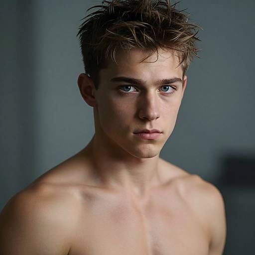 Photograph of a young, shirtless, Caucasian man with tousled brown hair, blue eyes, and a serious expression against a blurred gray background.