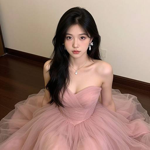 Photograph of an East Asian woman with long black hair, wearing a strapless, pink tulle ball gown, sitting on a wooden floor against a