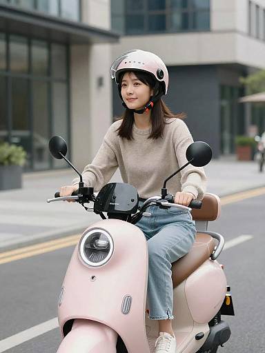 Young Woman Riding Pink Scooter in Urban Setting