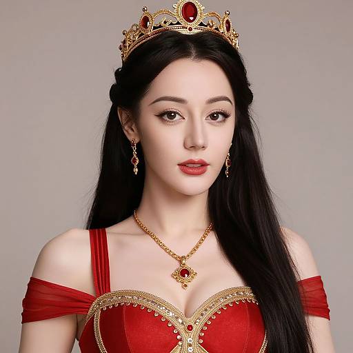 Photograph of an East Asian woman with long black hair, wearing a gold crown, red off-shoulder dress, gold necklace, and red earrings