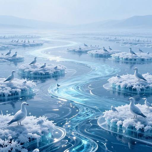 Digital artwork of a serene blue and white water scene, featuring numerous seagulls standing on icy patches, with shimmering sunlight reflecting on the rippling