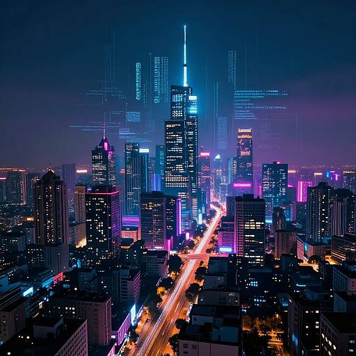 Neon-lit, futuristic cityscape photograph at night, showcasing towering skyscrapers with blue, purple, and pink lights, illuminated streets, and