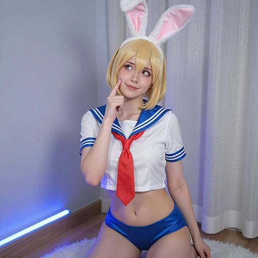 Blonde Woman in Sailor Outfit with Bunny Ears