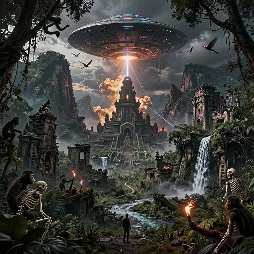 Fantasy digital artwork: ancient ruins with a towering temple, UFO hovering above, fiery sunset, waterfall, skeletal figures, jungle, torches, and