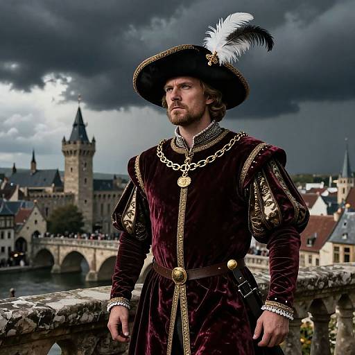 Photograph of a handsome, bearded man in a dark velvet Renaissance suit with gold trim and a feathered hat, standing on a stone bridge against