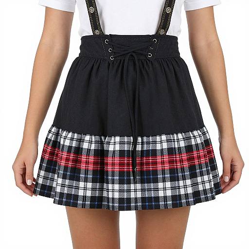 Photograph of a woman's lower torso in a black pleated skirt with white, red, and blue plaid pattern at the hem, black suspend