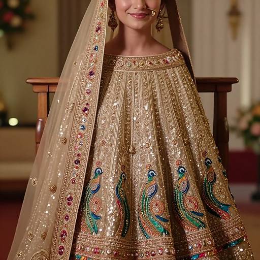 Photograph of a smiling woman in traditional Indian attire, wearing an ornate gold embroidered lehenga with peacock designs, and a translucent veil adorned with