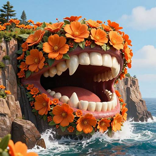 CGI image of a massive, open-mouthed sea monster adorned with vibrant orange flowers, set against a rocky coastal cliff and turbulent ocean waves.