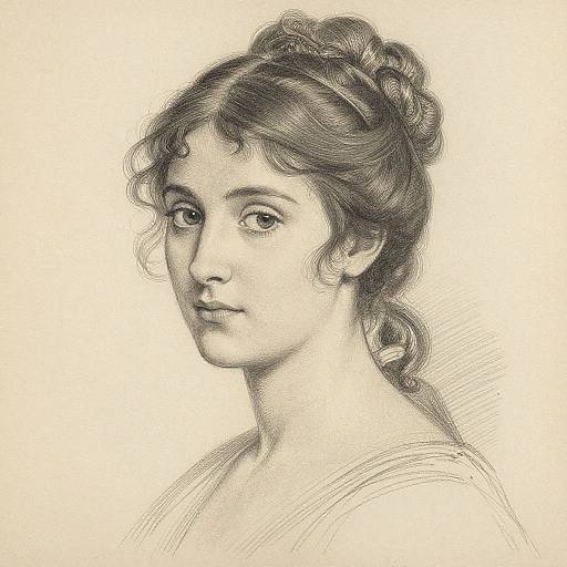 Sepia-toned pencil drawing of a young woman with wavy hair in a loose bun, gazing slightly to the left. She has delicate features