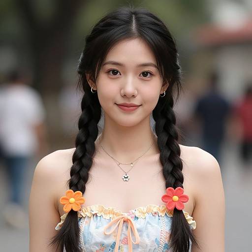 Photograph of an Asian woman with long black braids, orange and red flower clips, wearing a shiny silver strapless top, smiling outdoors with blurred