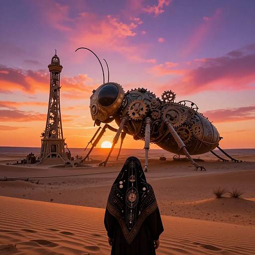 Photograph of a desert sunset featuring a giant steampunk insect robot and a hooded figure in front, with a lighthouse in the background.
