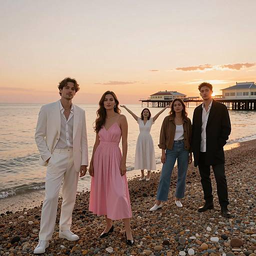 Group of Young Adults on Pebble Beach at Sunset