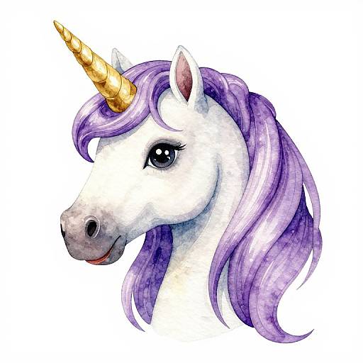 Watercolor illustration of a white unicorn with a golden horn and flowing purple mane, featuring soft shading and a gentle expression.